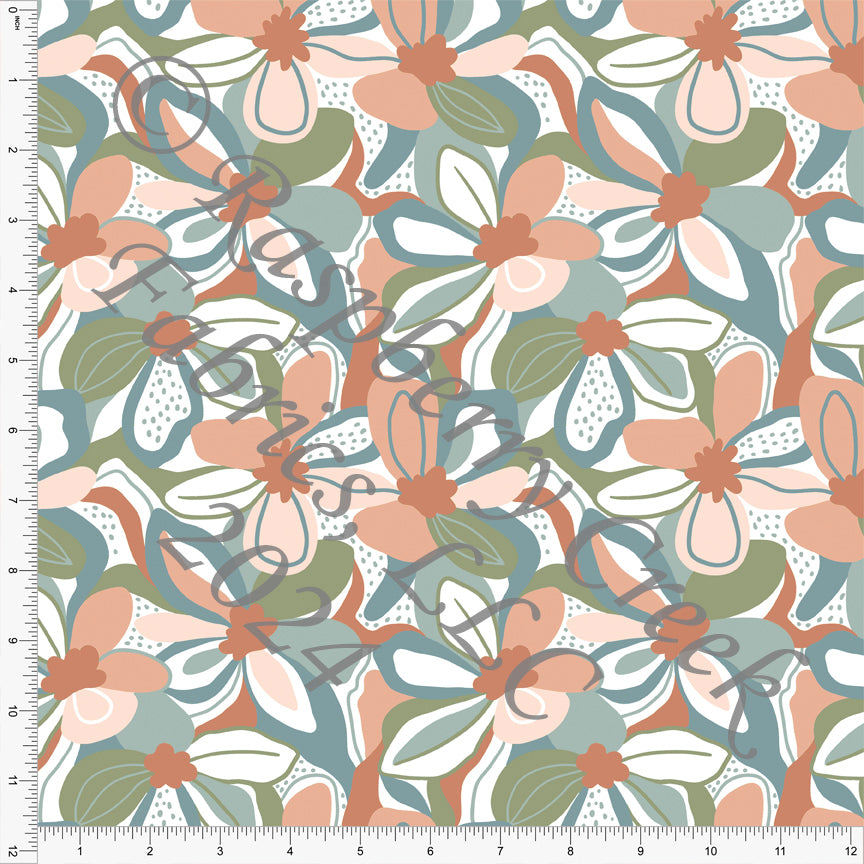 Coral Dusty Blue Ruse and Light Olive Floral Print Stretch Crepe, CLUB Fabrics