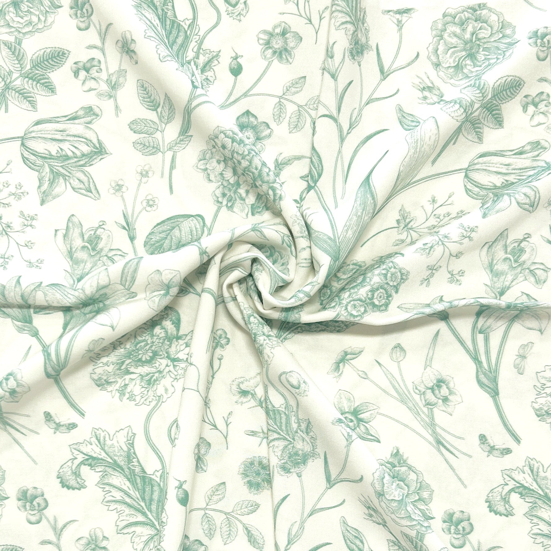 Cream and Light Hunter Green Line Drawn Floral Print Rayon Challis, CLUB Fabrics