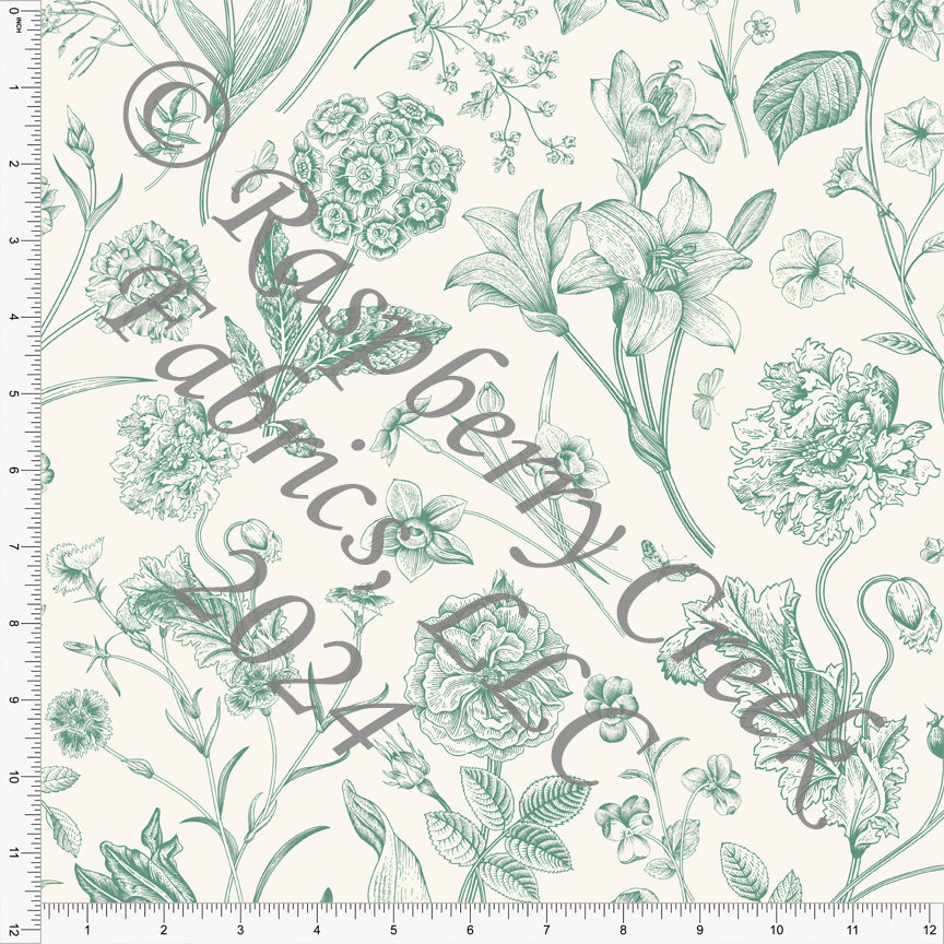 Cream and Light Hunter Green Line Drawn Floral Print Rayon Challis, CLUB Fabrics