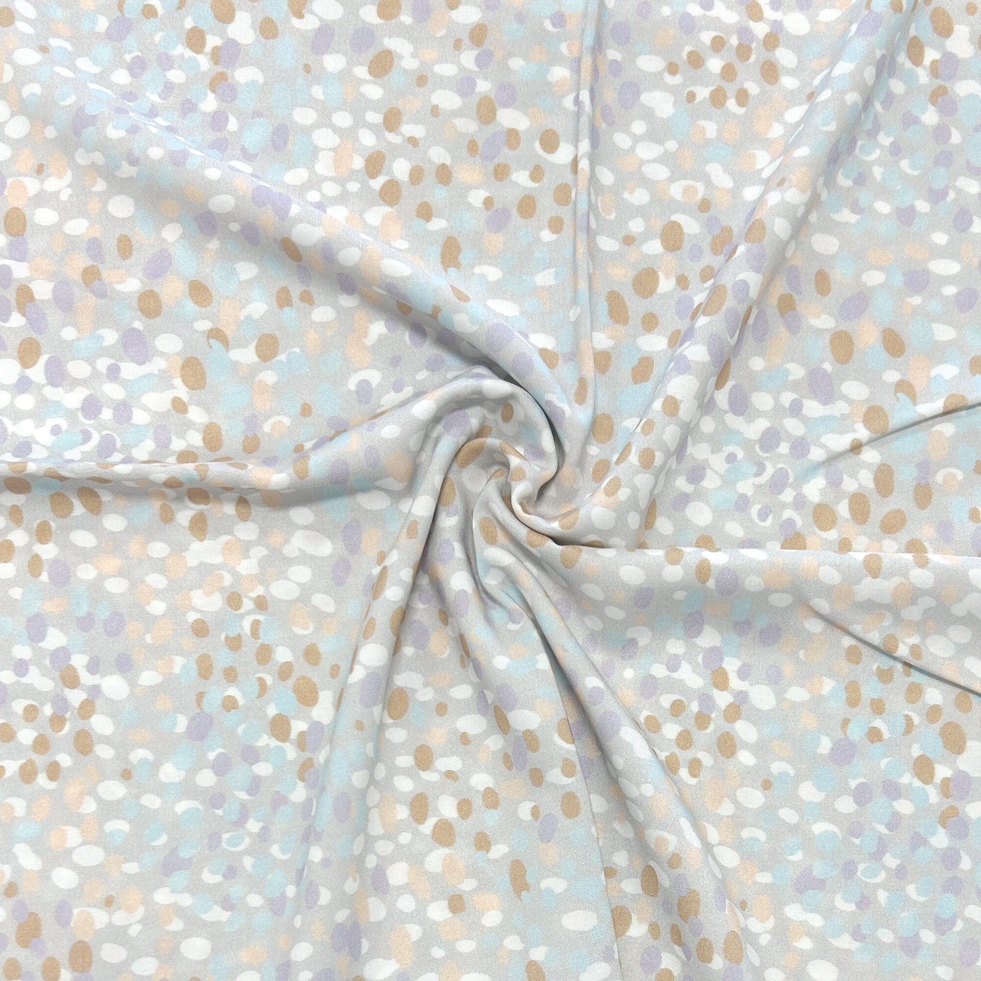 Grey Lilac Peach Khaki and Light Blue Random Pebble Dot Print Rayon Challis, CLUB Fabrics