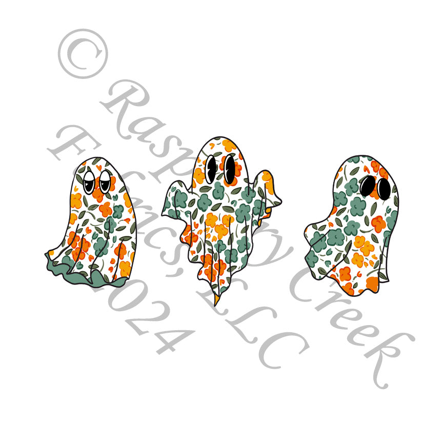 Tonal Teal Rust Orange and Mustard Ditsy Floral Ghost Panel, Halloween 2024 by Brittney Laidlaw for CLUB Fabrics