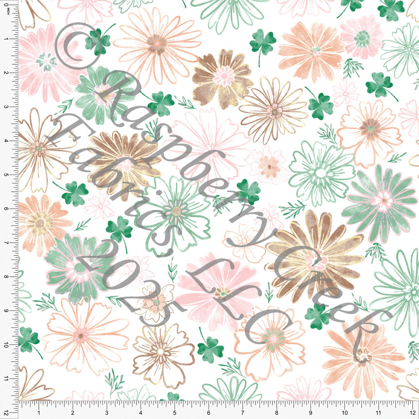 Green Peach Pink Milk Chocolate and Sage Daisy Shamrock Floral Print Fabric, Happy Go Lucky 2 by Kim Henrie for CLUB Fabric