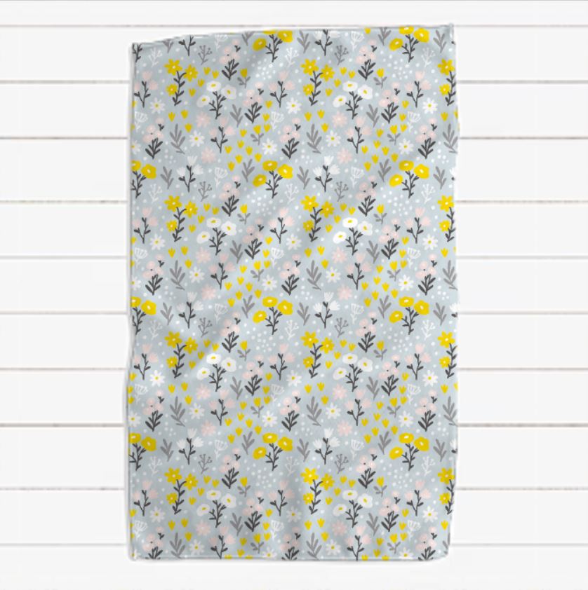 Light Blue Grey Yellow and Pink Spring Garden Floral Waffle Towel