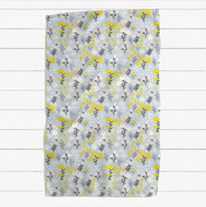 Light Blue Grey Yellow and Pink Floral and Polka Dot Towels, Set of Two