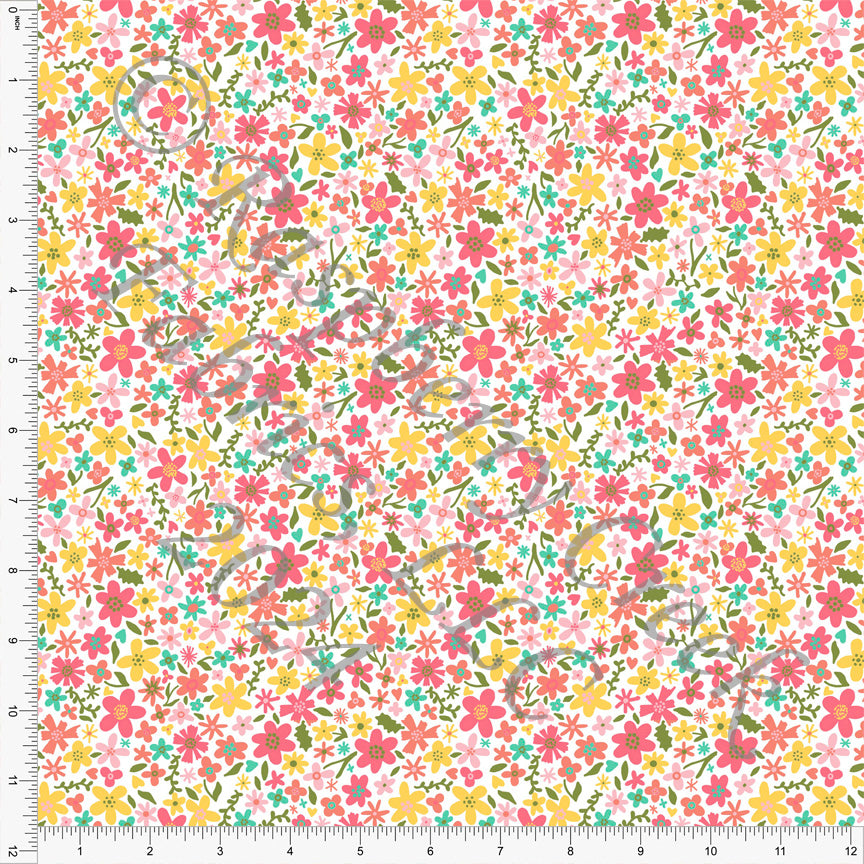 Salmon Yellow Seafoam Pink and Green Ditsy Floral Print Fabric, Hippity Hop Spring by Brittanylane Designs for CLUB Fabrics