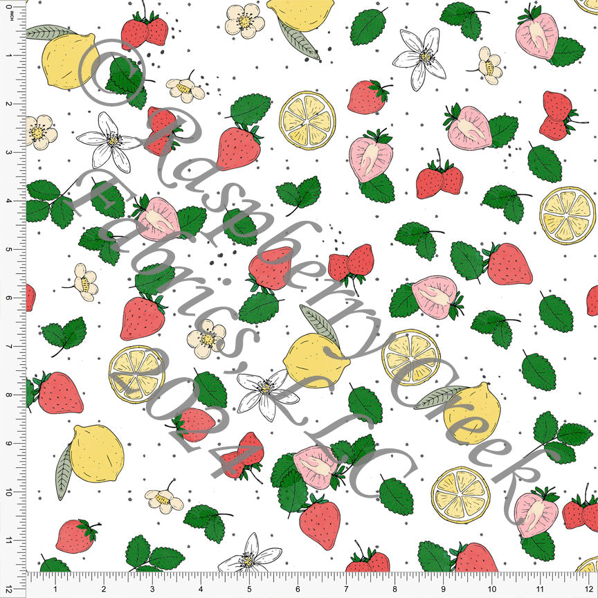Pink Kelly Green and Yellow Strawberry and Lemon Print Fabric, I Heart Sun by Bri Powell for CLUB Fabrics