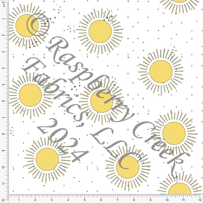 Yellow Charcoal and White Happy Sun Print Fabric, I Heart Sun by Bri Powell for CLUB Fabrics