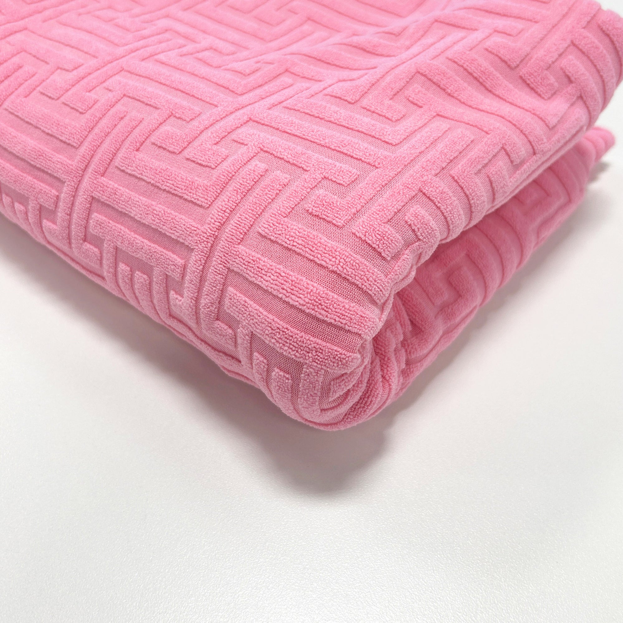 Solid Bubblegum Pink Greek Key Stretch Jacquard Loop Terry Fabric