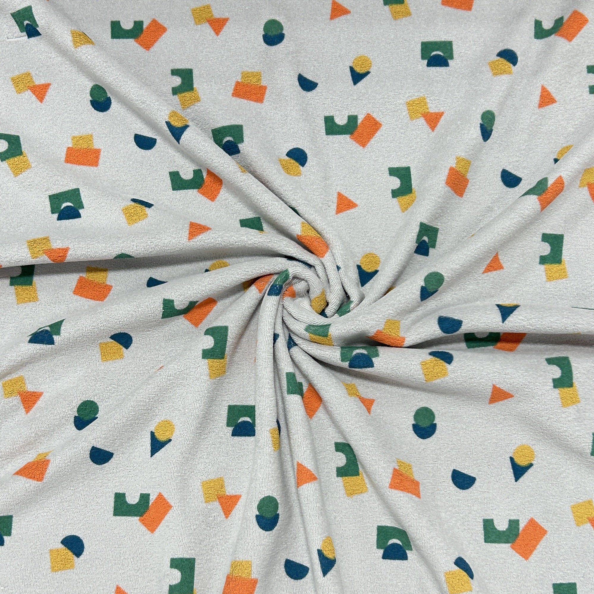 Grey Green Yellow Orange and Blue Geometric Shape Printed Stretch Loop Terry Fabric