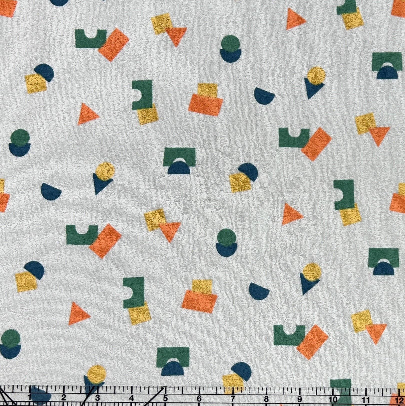 Grey Green Yellow Orange and Blue Geometric Shape Printed Stretch Loop Terry Fabric