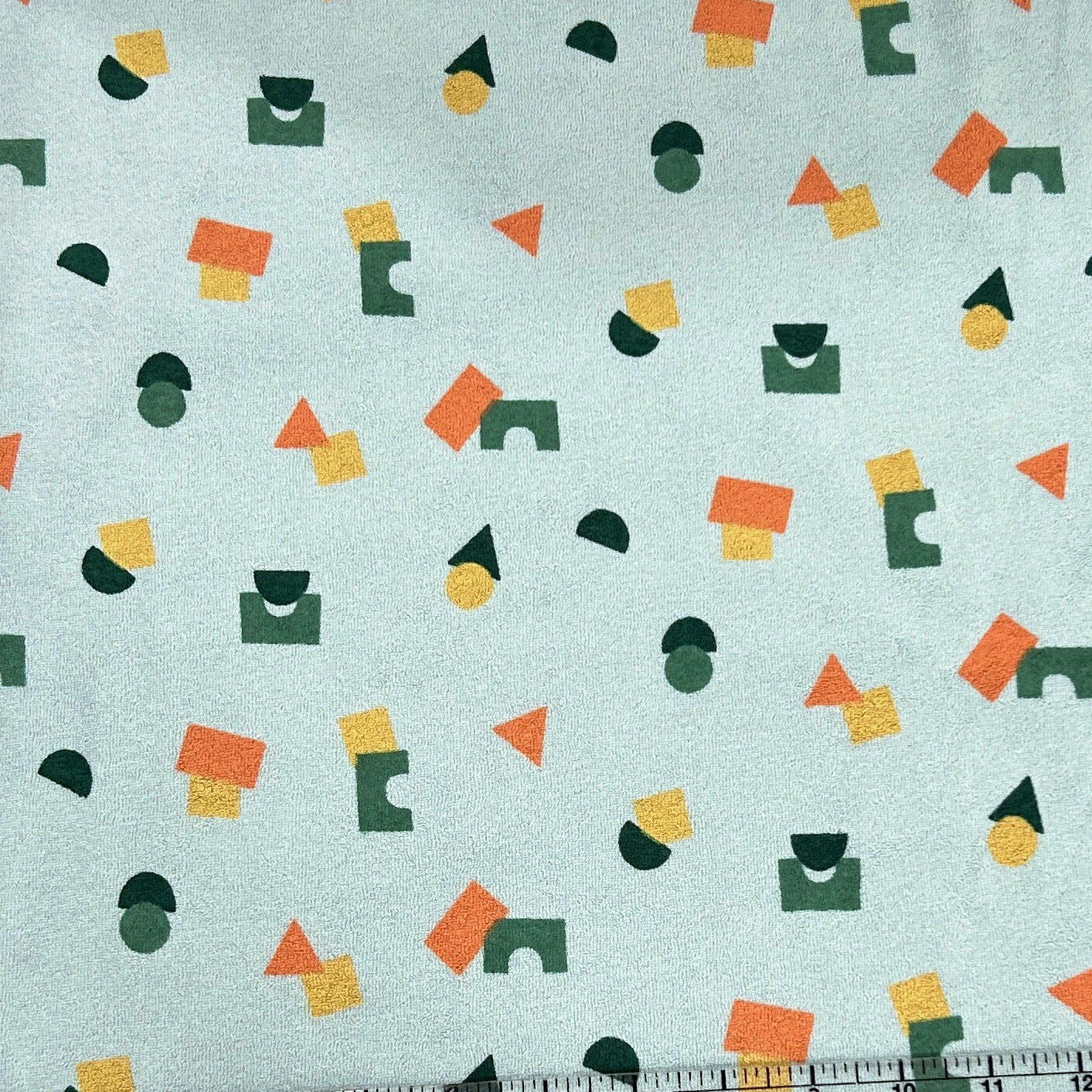 Light Dusty Blue Green Yellow Orange and Blue Geometric Shape Printed Stretch Loop Terry Fabric