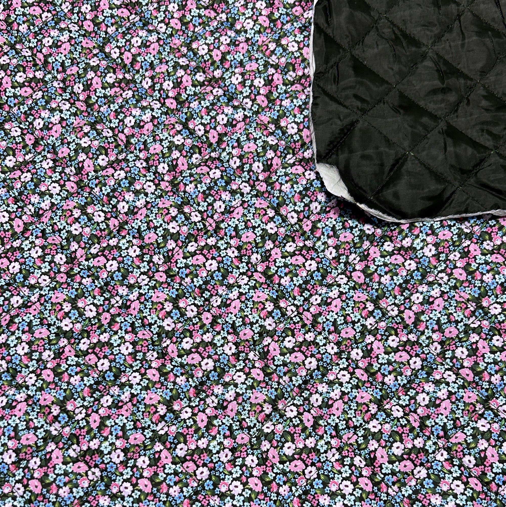 Pink Blue Green and Black Disty Floral Diamond Quilted Woven Fabric