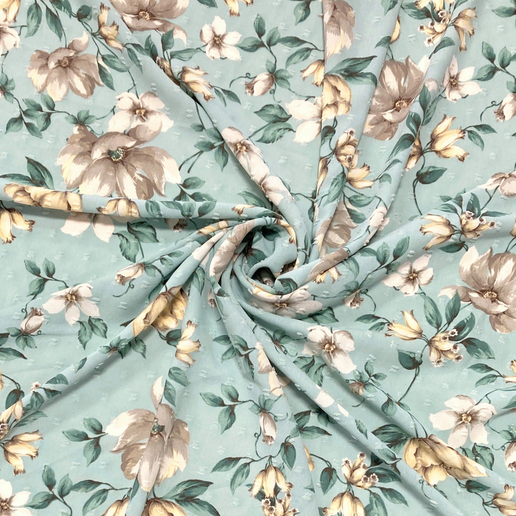 Mint Yellow Cream and Taupe Magnolia Floral Swiss Dot Fabric