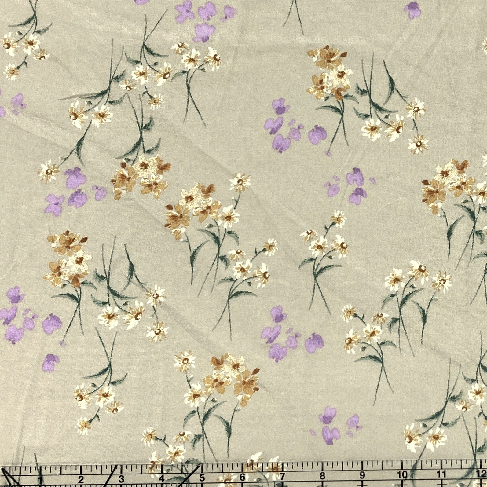 Light Brown Lilac and Green Daisy Floral Rayon Challis