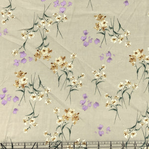 Light Brown Lilac and Green Daisy Floral Rayon Challis