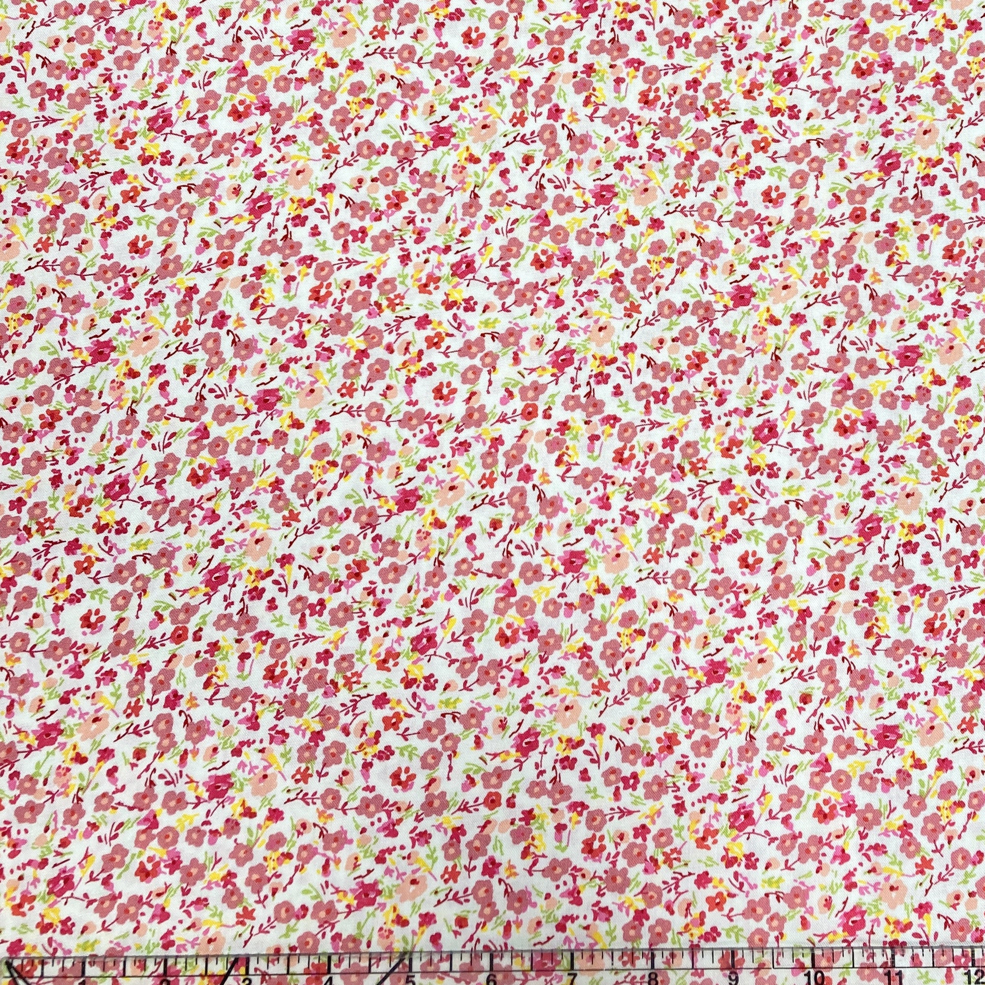 Tonal Pink Red Green Yellow and White Ditsy Floral Rayon Challis