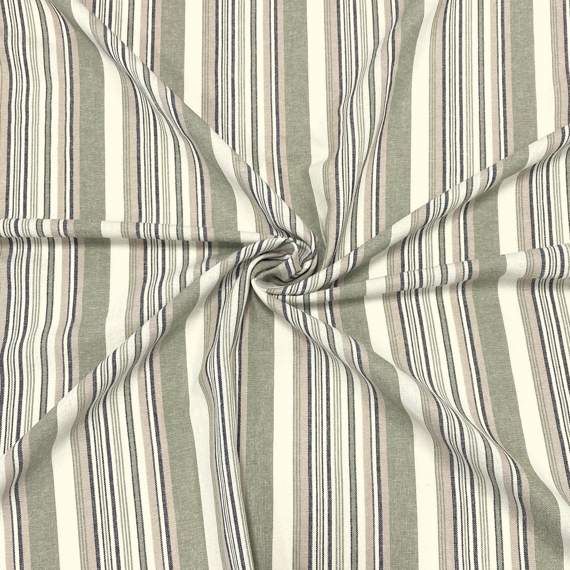 Sage Green Black and Off White Yarn Dyed Vertical Stripe Light to Medium Weight Rayon Linen