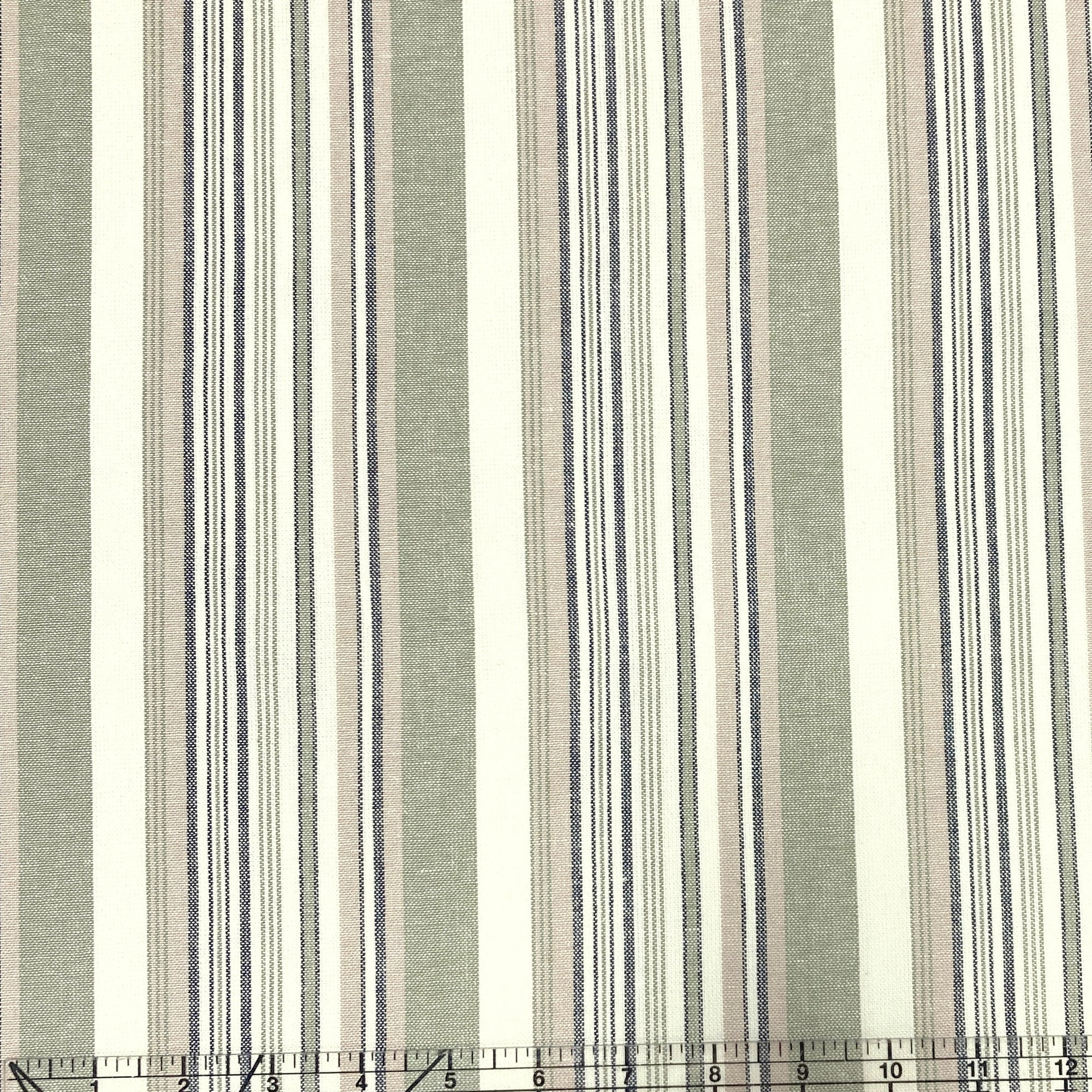 Sage Green Black and Off White Yarn Dyed Vertical Stripe Light to Medium Weight Rayon Linen