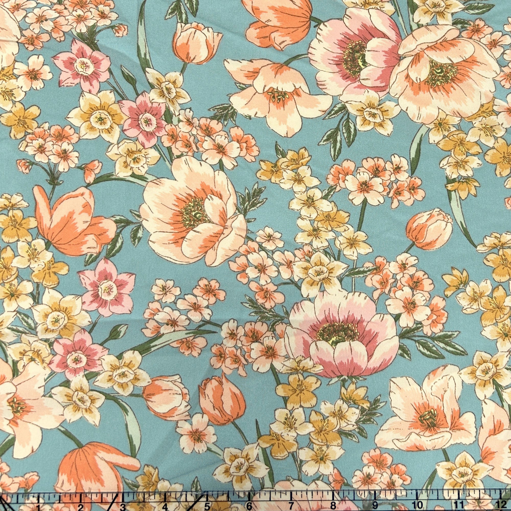 Dusty Blue Peach Coral Olive Mustard and Light Pink Floral Air Flow Fabric