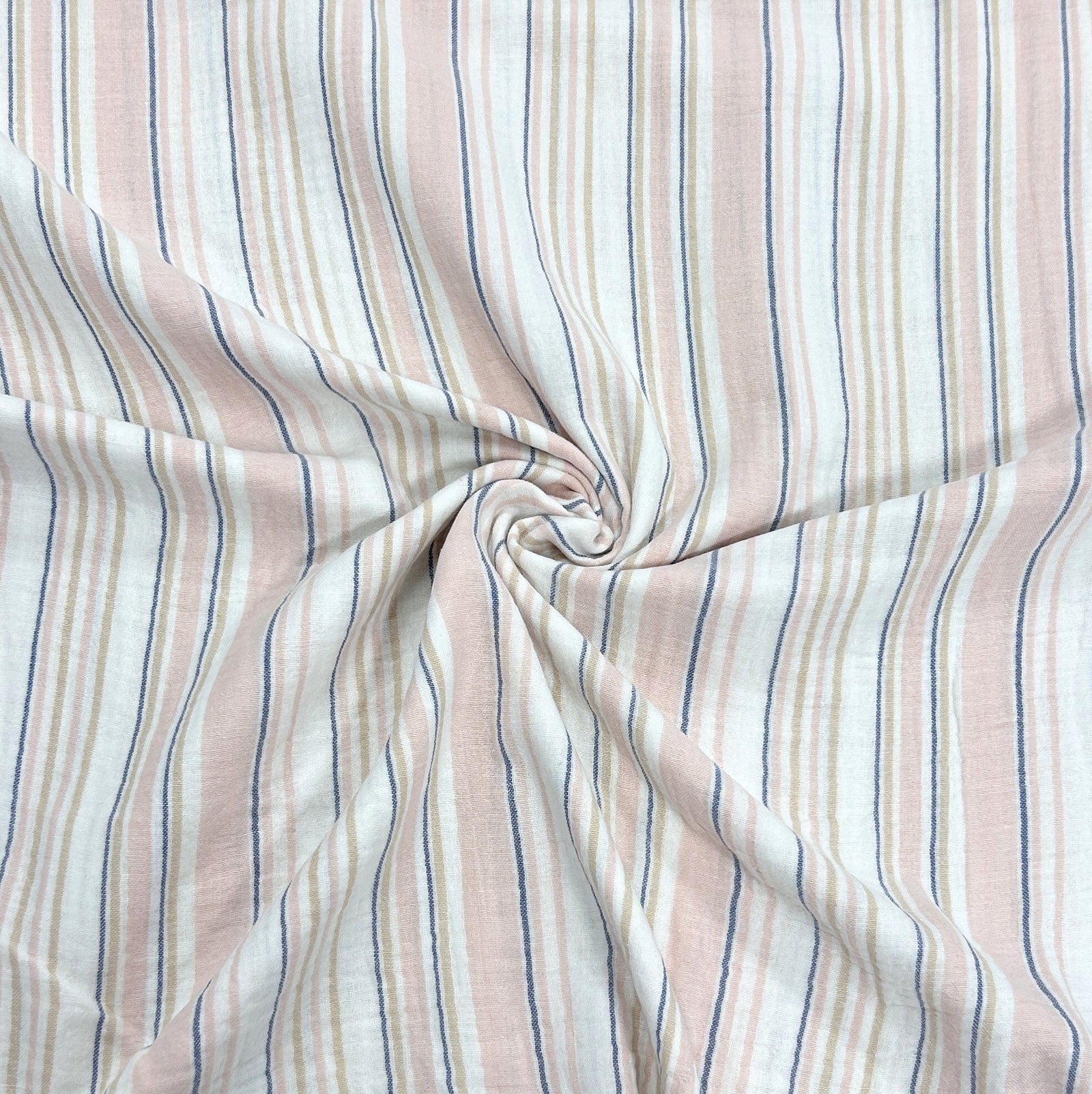 Cream Khaki Blue and Dusty Pink Yard Dyed Stripe Double Gauze