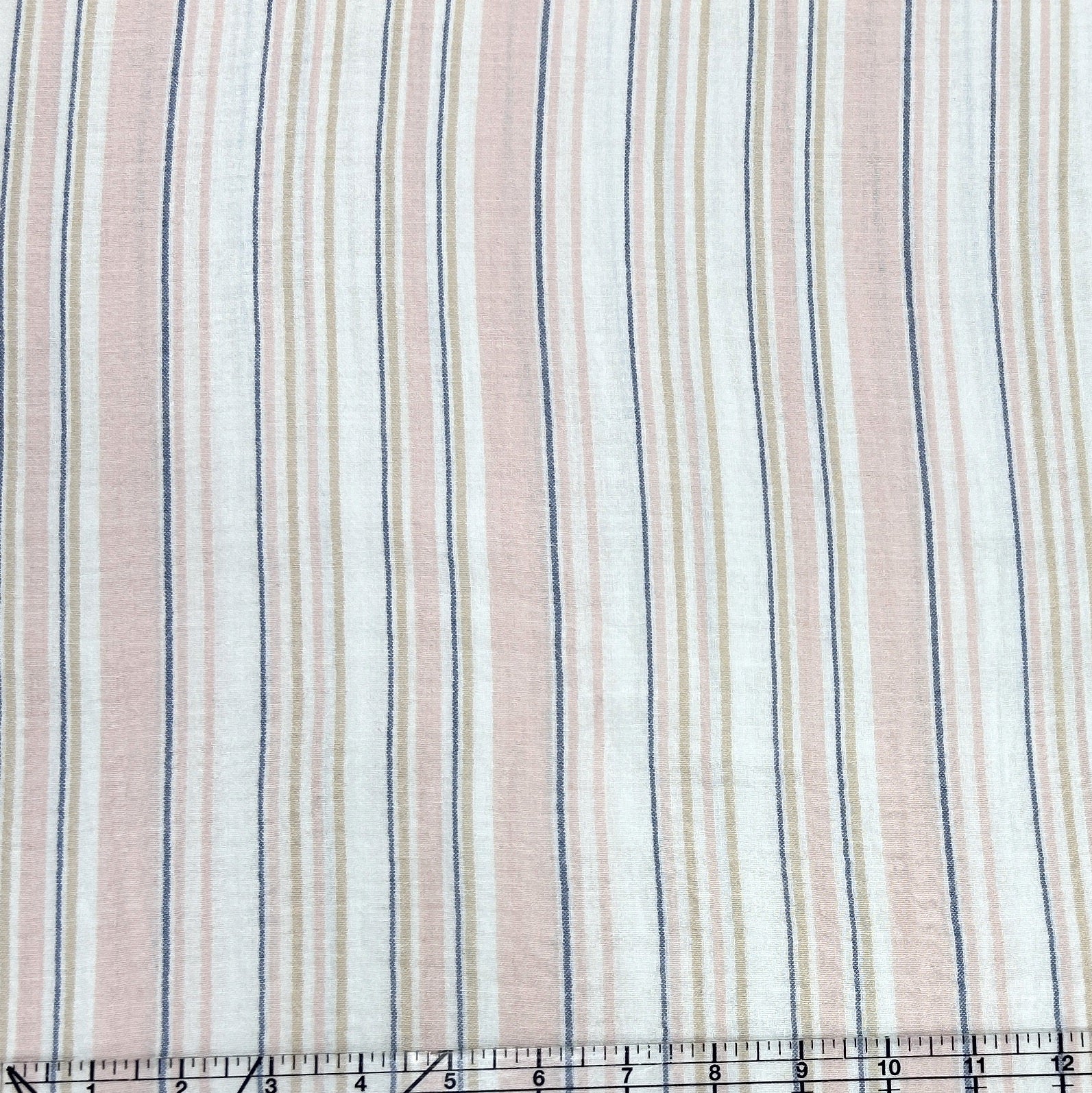 Cream Khaki Blue and Dusty Pink Yard Dyed Stripe Double Gauze
