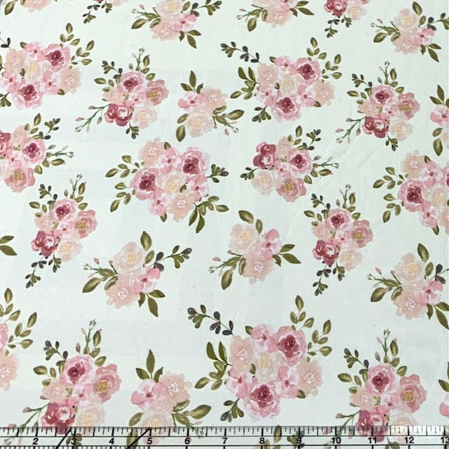 Cream Mauve Blush and Olive Watercolor Floral Print Fabric on Lightweight Brushed Poly