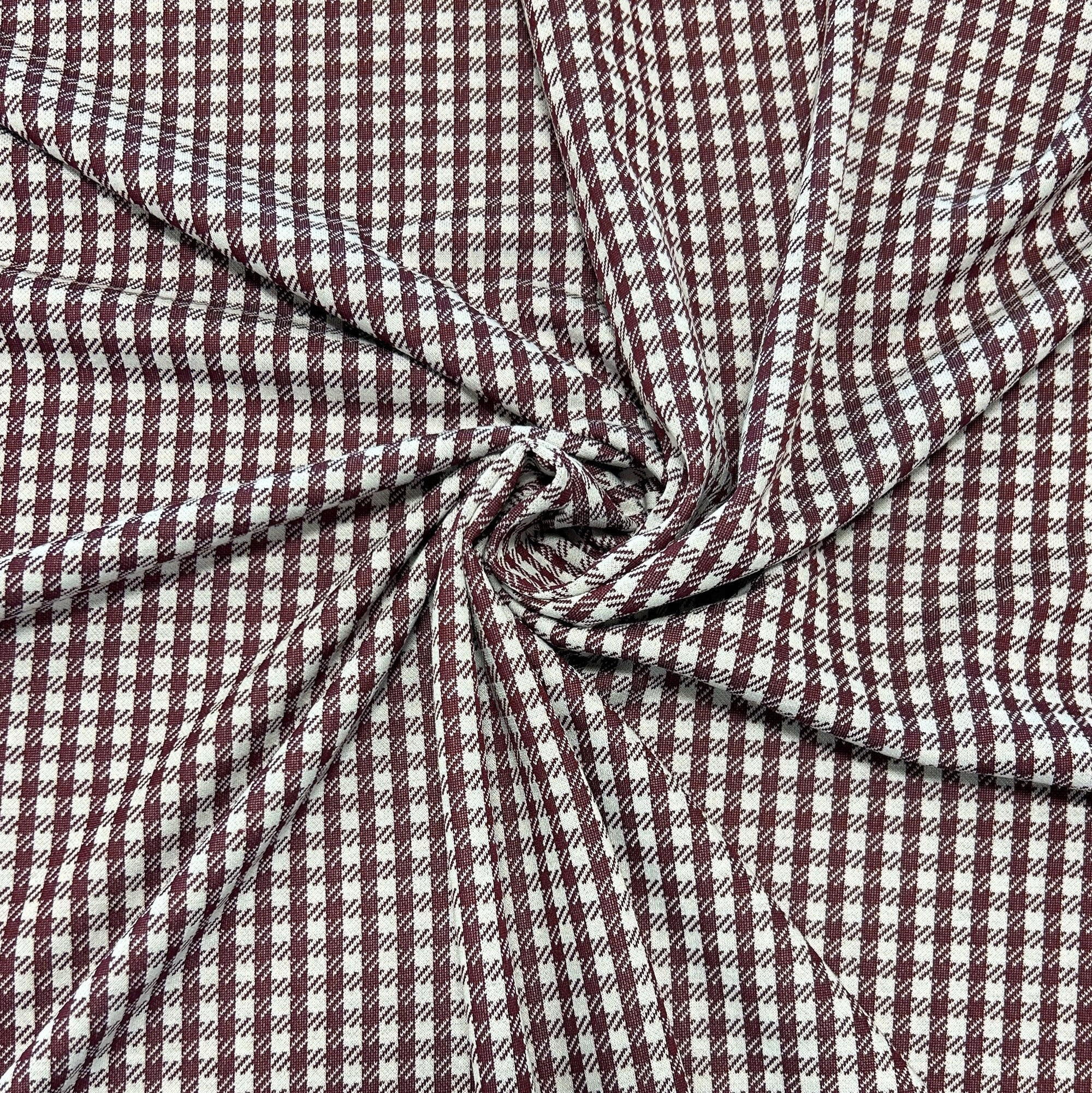 Burgundy Wine and White Check Gingham Jacquard Double Knit Fabric
