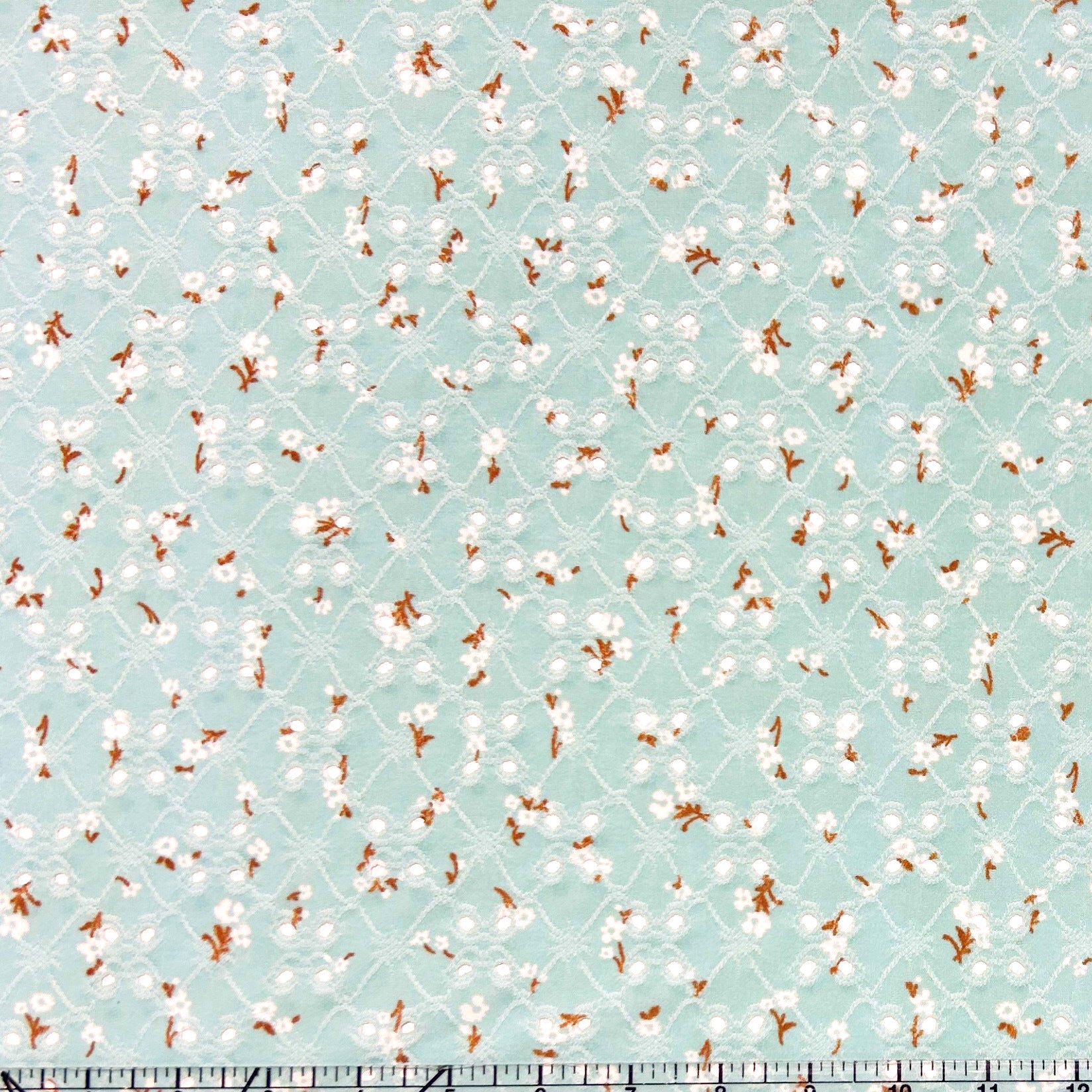Mint White and Brown Disty Floral Print Eyelet Poly Spandex Knit