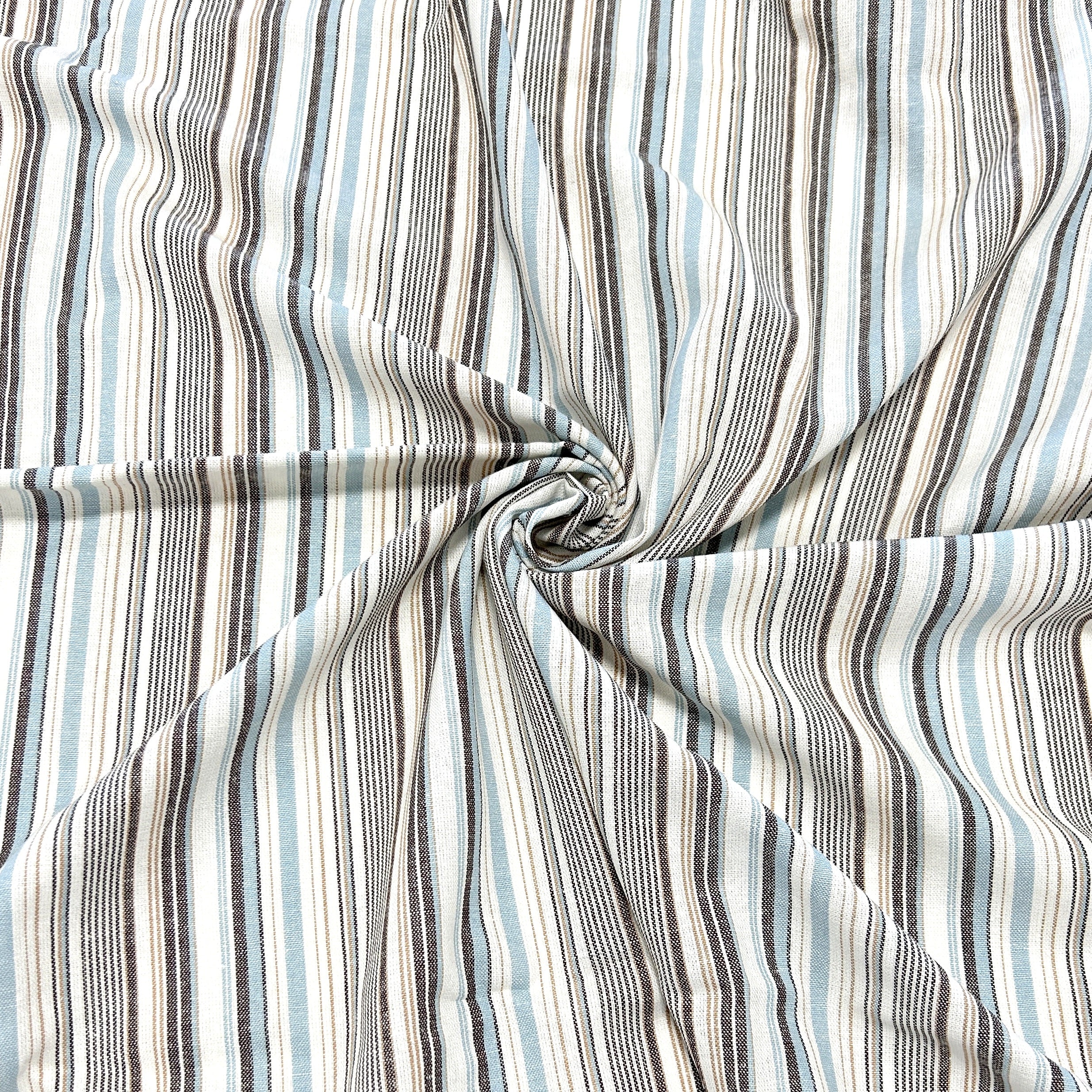 Robins Egg Blue Khaki Grey and Cream Yarn Dyed Vertical Stripe Light to Medium Weight Rayon Linen