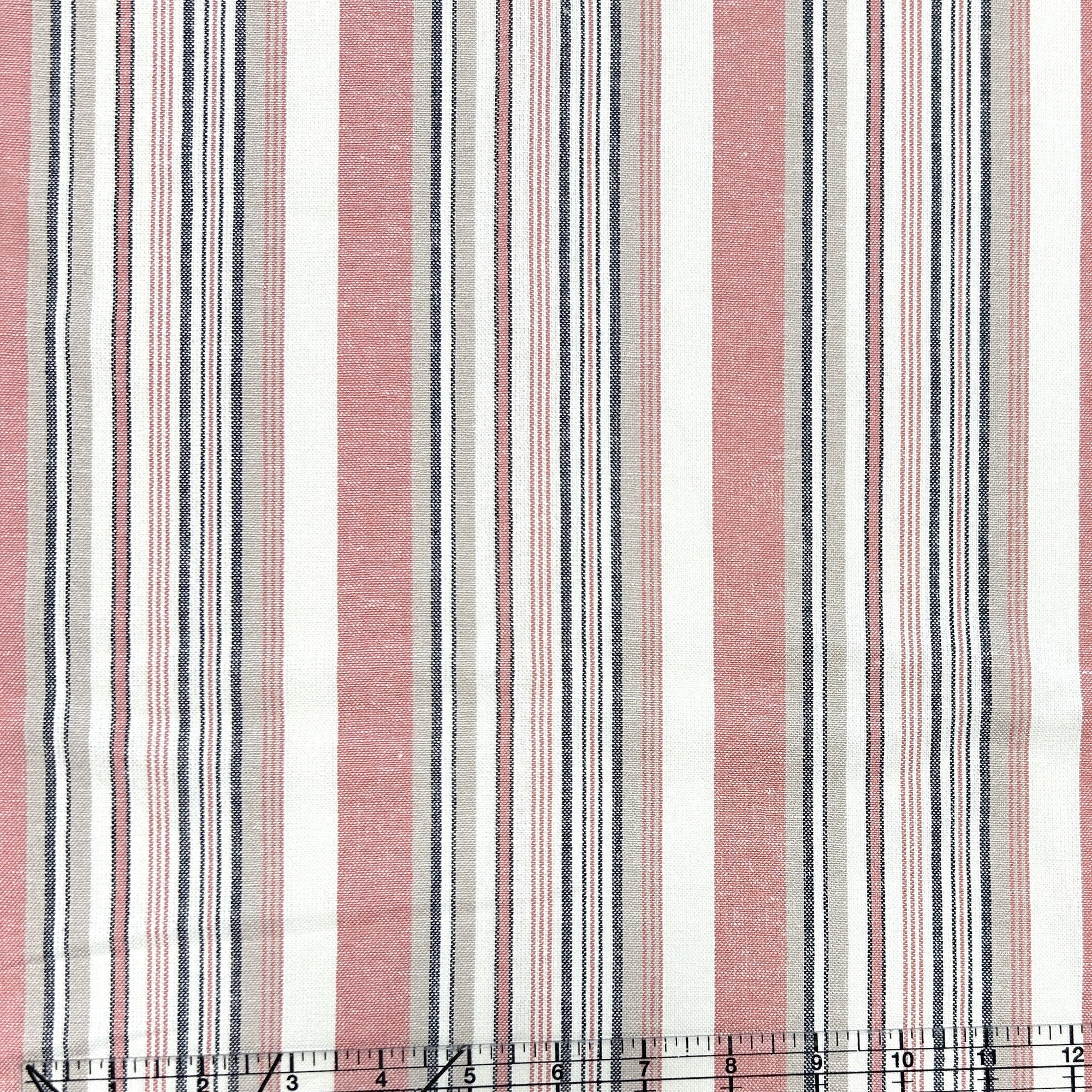 Deep Coral Khaki Grey and Cream Yarn Dyed Vertical Stripe Light to Medium Weight Rayon Linen