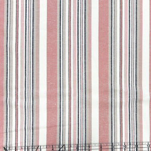 Deep Coral Khaki Grey and Cream Yarn Dyed Vertical Stripe Light to Medium Weight Rayon Linen
