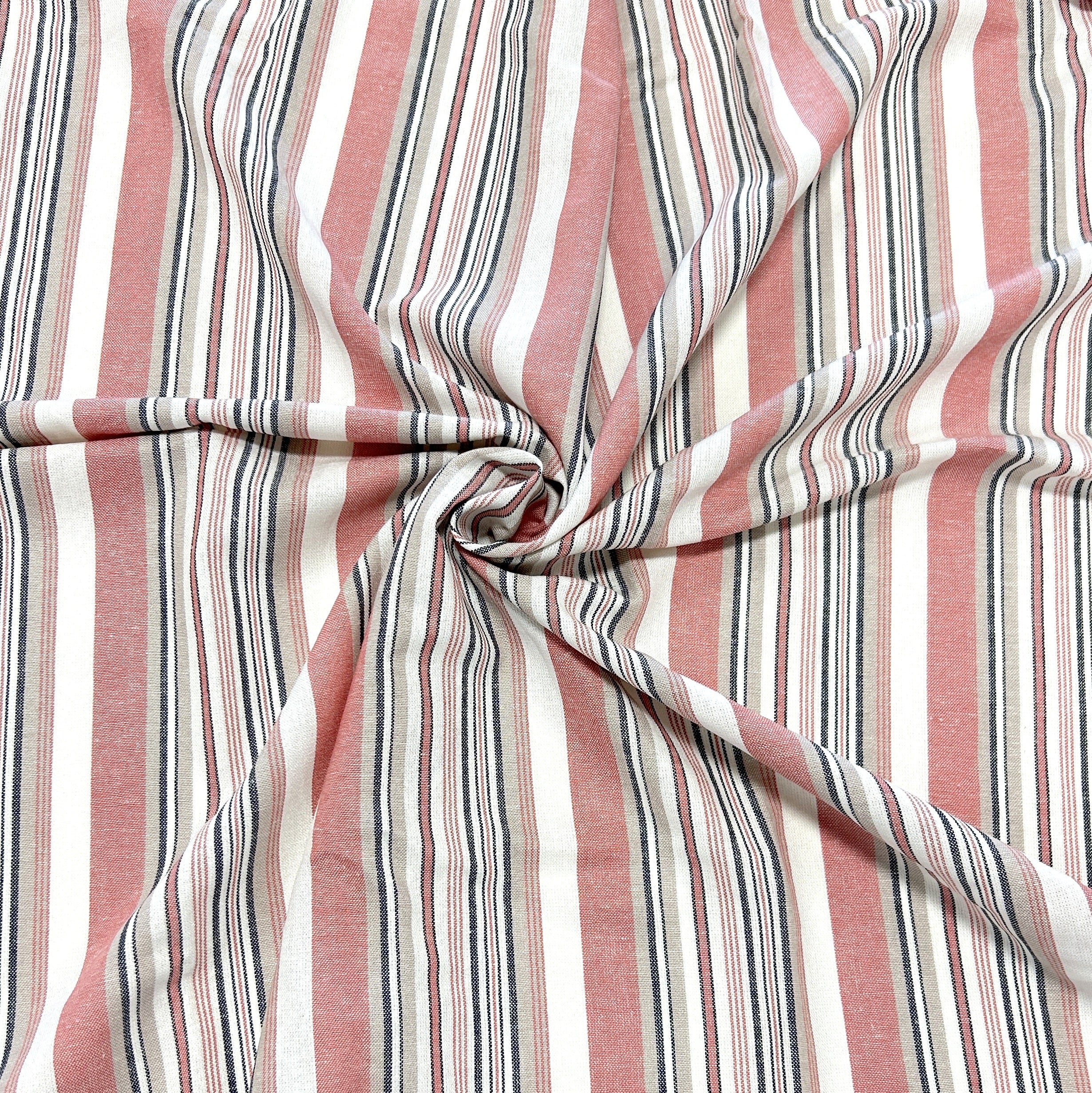 Deep Coral Khaki Grey and Cream Yarn Dyed Vertical Stripe Light to Medium Weight Rayon Linen