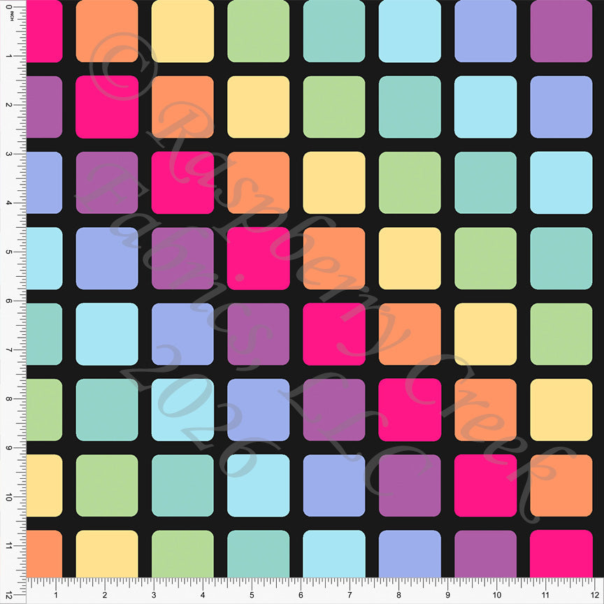 Black Light Blue Deep Lilac Lipstick Orange Rainbow Checkers, Geo Rainbow by Kelsey Shaw for CLUB Fabrics