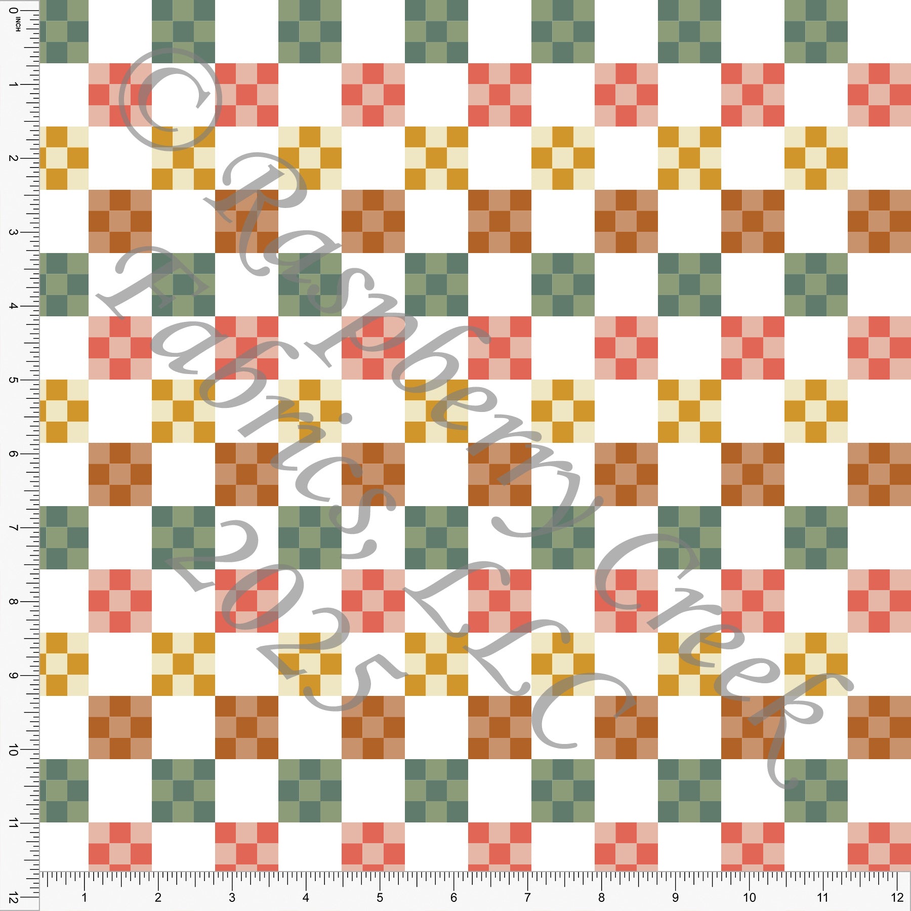 Tonal Sage Green Mustard Yellow Salmon Rust Patterned Checkers Fabric, Homestead Life by Kelsey Shaw for CLUB Fabrics