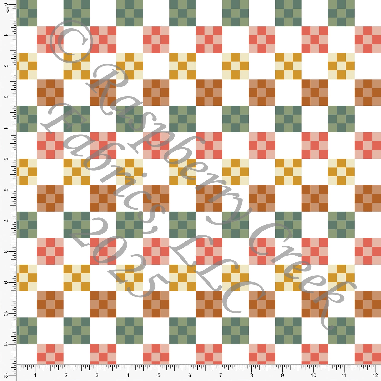 Tonal Sage Green Mustard Yellow Salmon Rust Patterned Checkers Fabric, Homestead Life by Kelsey Shaw for CLUB Fabrics