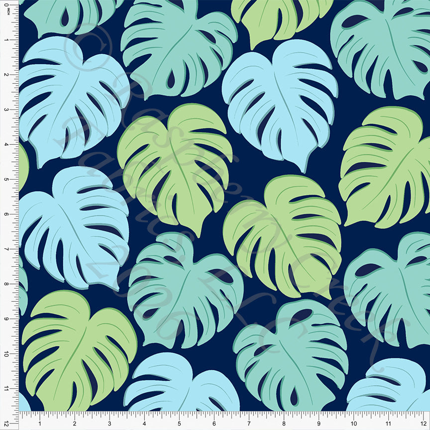 blue monstera Navy Light Blue Light Lime Monstera Leaves, Plant Therapy by Kelsey Shaw for CLUB Fabrics