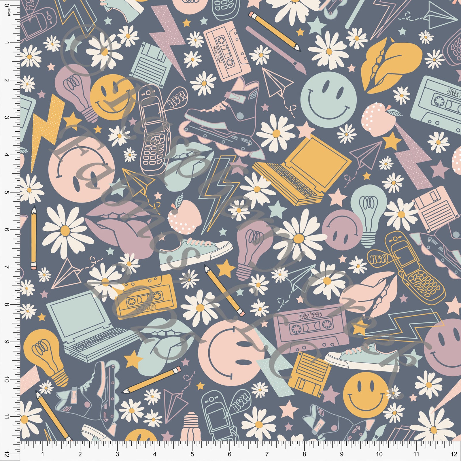 Dark Grey Mustard Mauve and Dusty Mint 90s School Supplies Print Fabric, School Is Cool By Kim Henrie for CLUB Fabrics