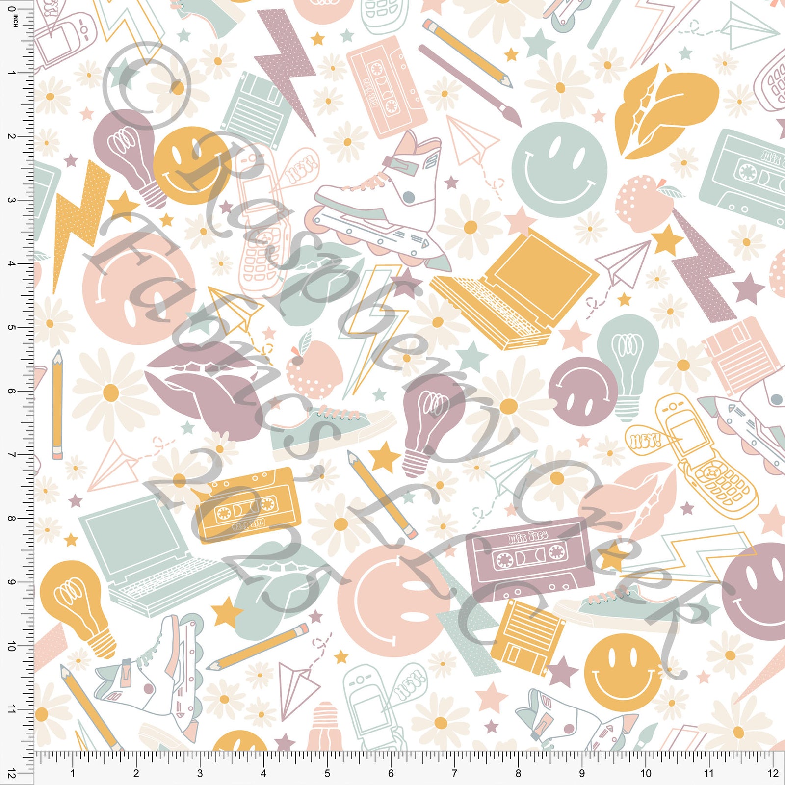 Mustard Peach Pink Steel Blue and Dusty Purple 90s School Supplies Print Fabric, School Is Cool By Kim Henrie for CLUB Fabrics