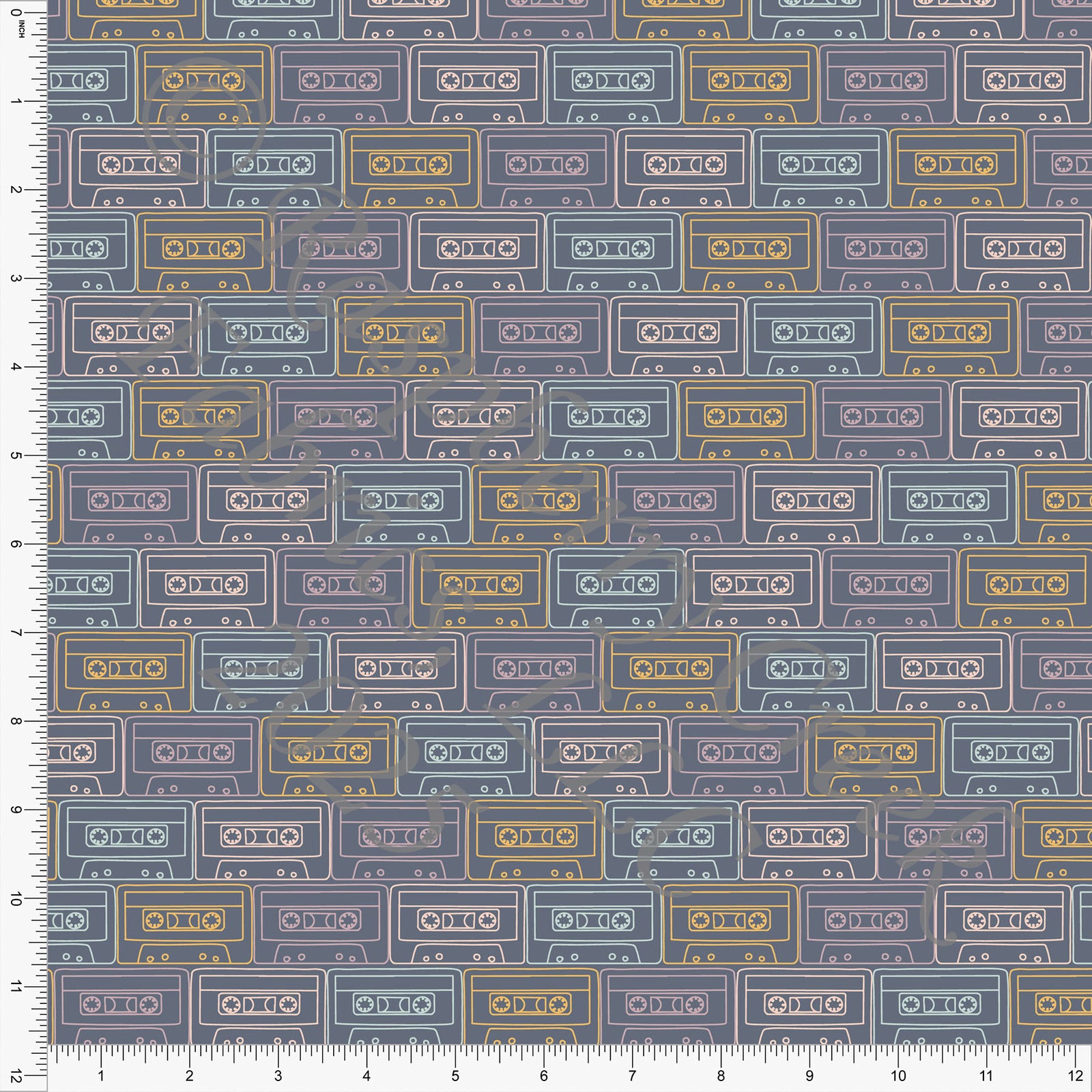 Dark Grey Mauve Mustard and Dusty Mint Mixed Tape Print Fabric, School Is Cool By Kim Henrie for CLUB Fabrics
