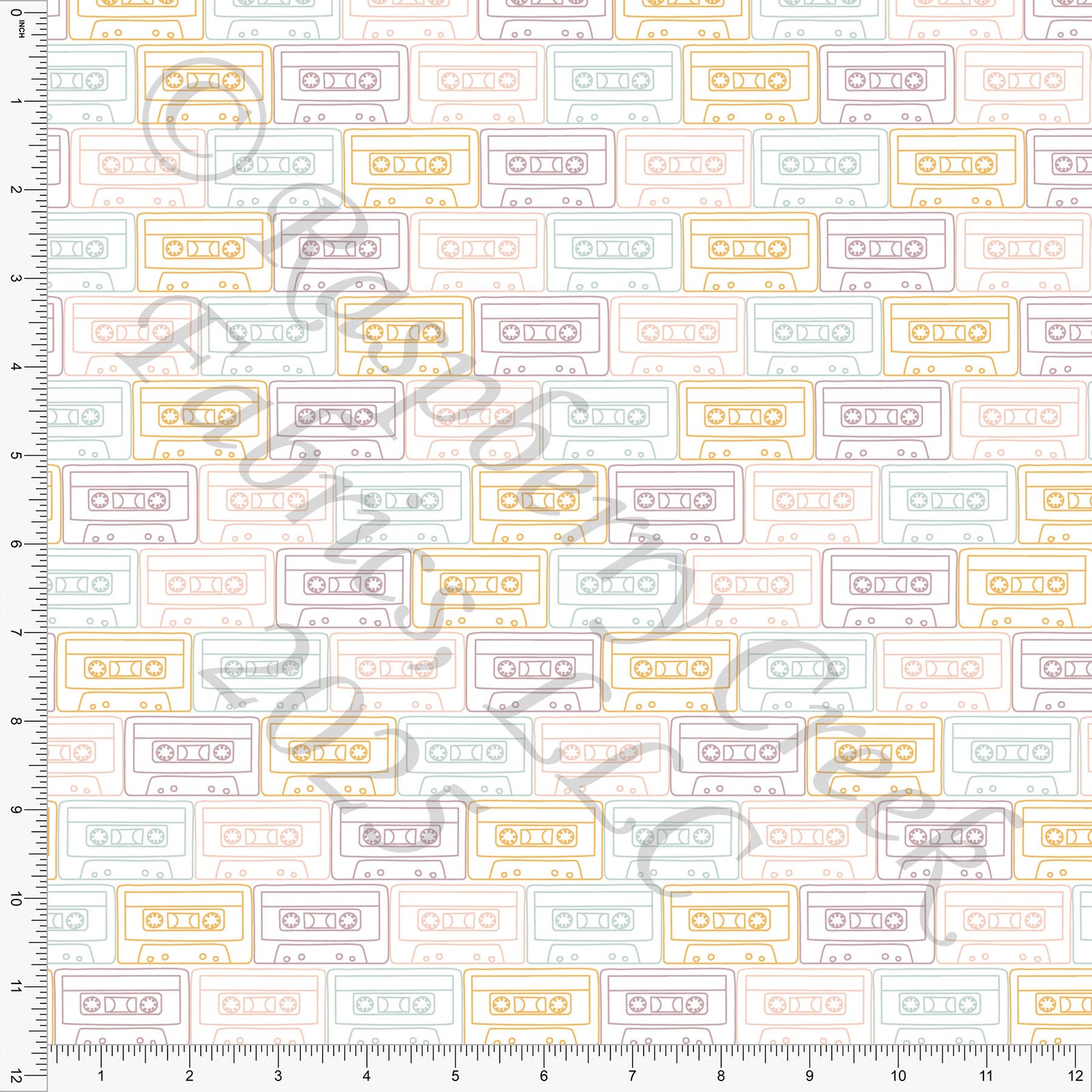 Mustard Dusty Purple Mauve Peach Pink and Steel Blue Mixed Tape Print Fabric, School Is Cool By Kim Henrie for CLUB Fabrics