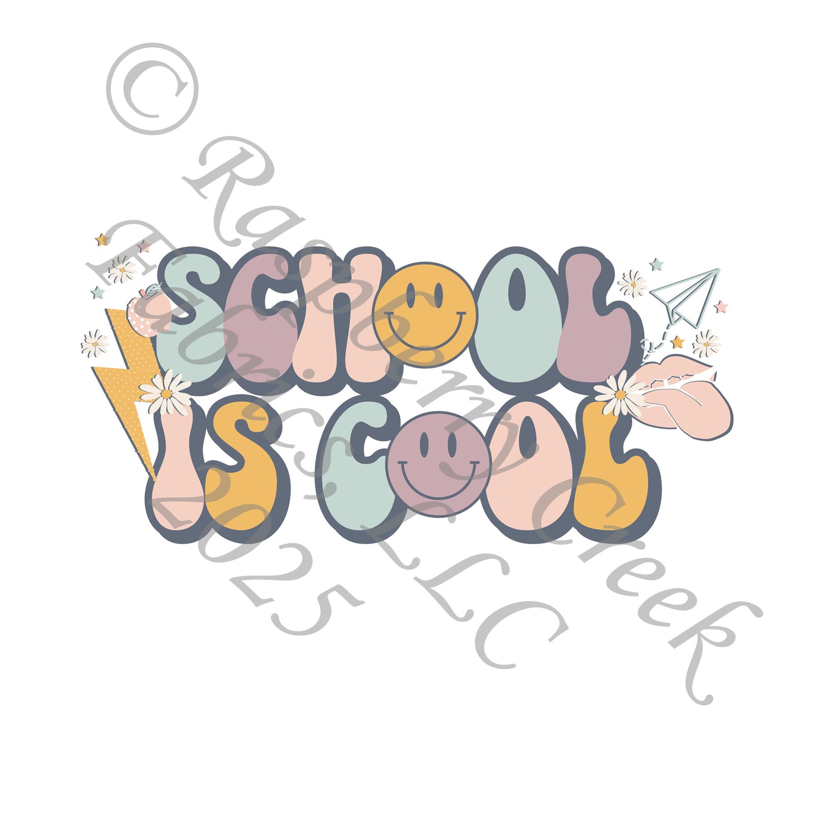 Mustard Peach Pink Dusty Purple and Steel Blue School Is Cool Panel, School is Cool by Kim Henrie for CLUB Fabrics