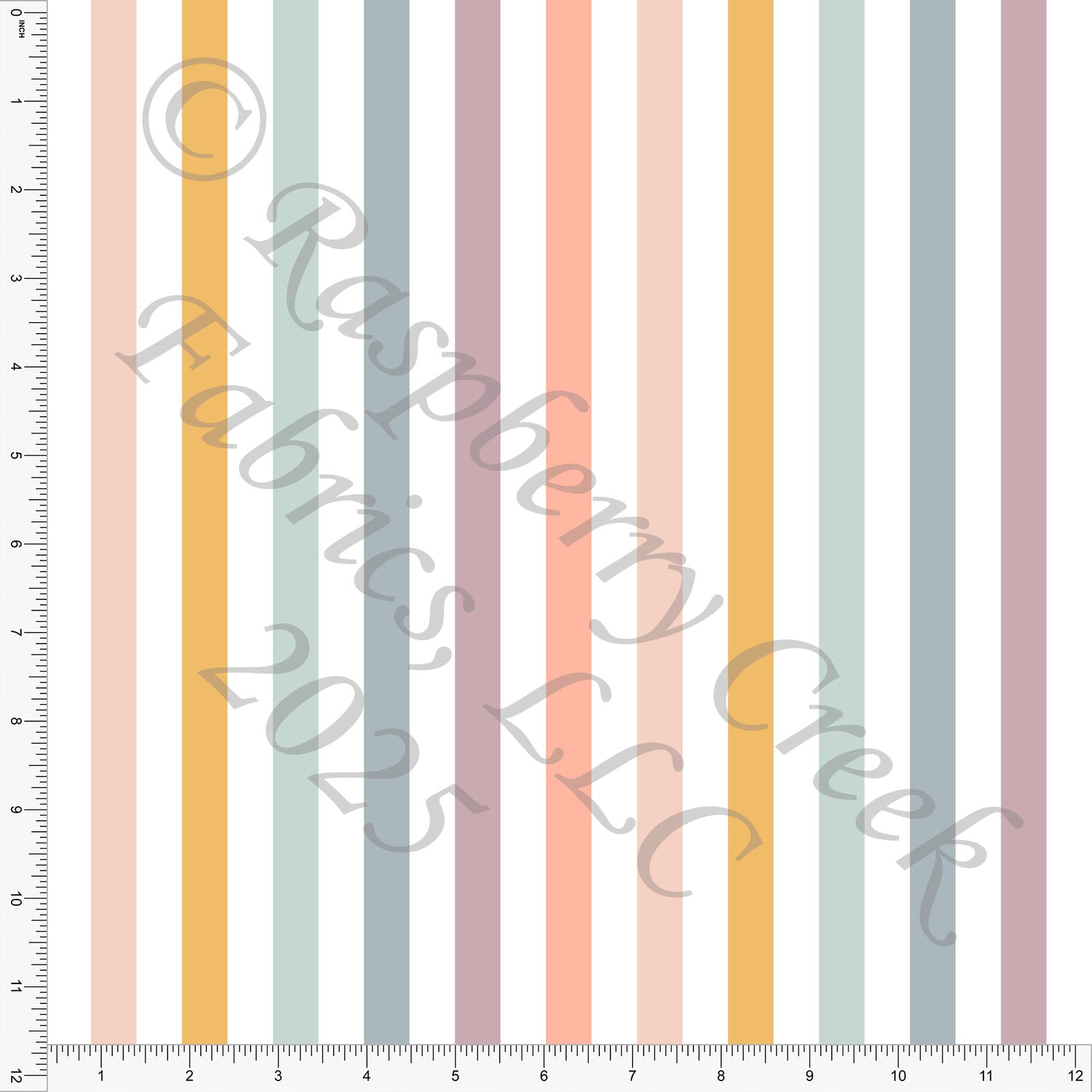 Peach Pink Mauve Mustard Coral and Steel Blue Vertical Multi Stripe Printed Fabric, School Is Cool By Kim Henrie for CLUB Fabrics