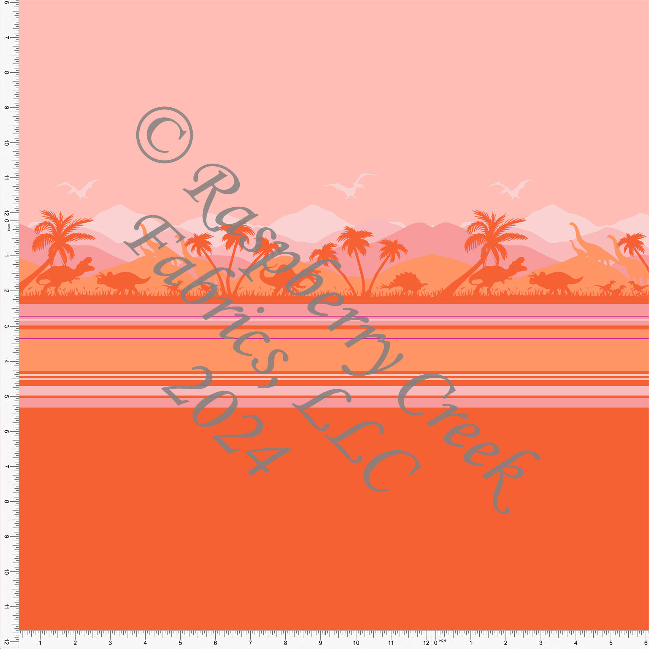 Tonal Orange and Blossom Pink Dinosaur Landscape Large Stripe Print Fabric, Land and Sea by Bri Powell for Club Fabrics