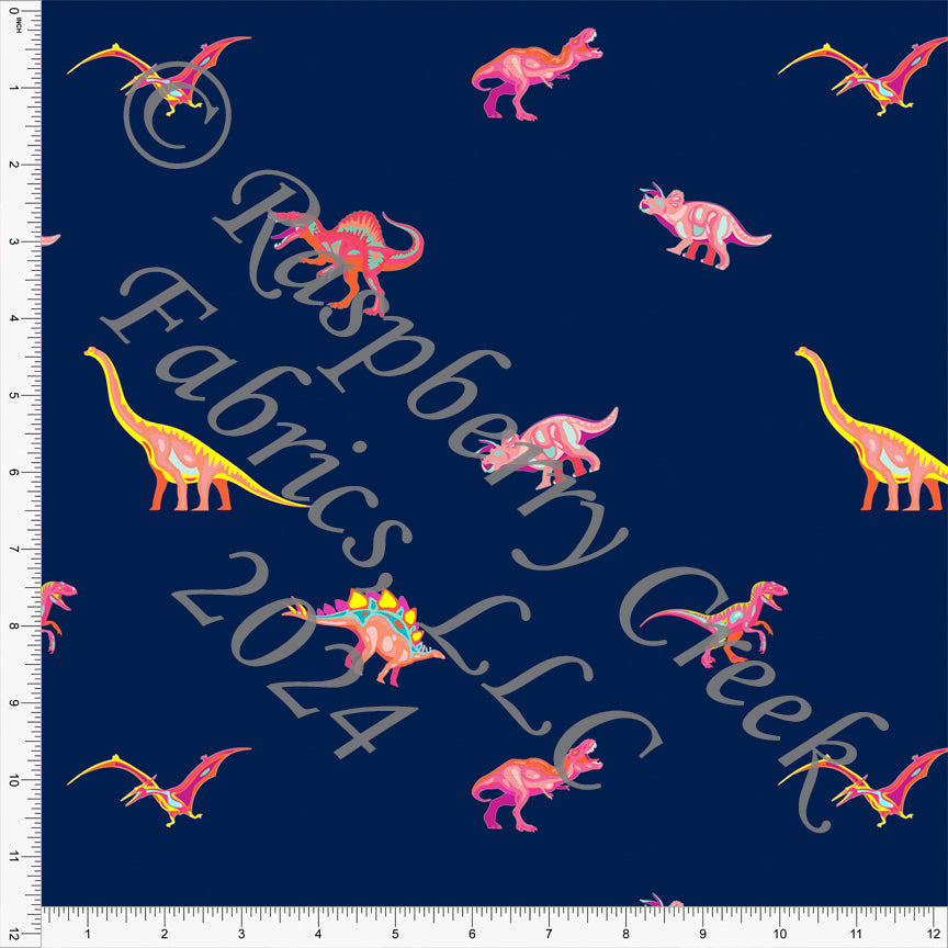 Navy Lipstick Pink Neon Yellow Blue and Orange Tossed Dinosaur Print Fabric, Land and Sea by Bri Powell for Club Fabrics