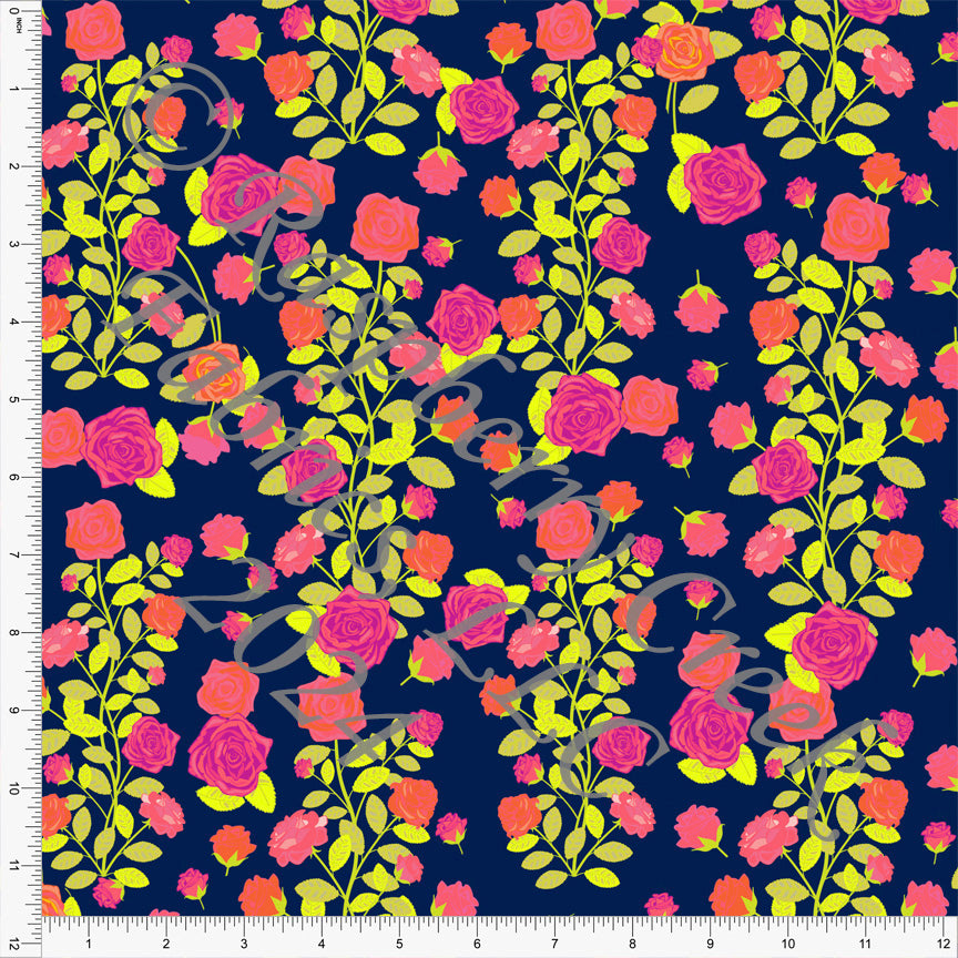 Navy Lipstick Pink and Neon Yellow Rose Vine Floral Print Fabric, Land and Sea by Bri Powell for Club Fabrics