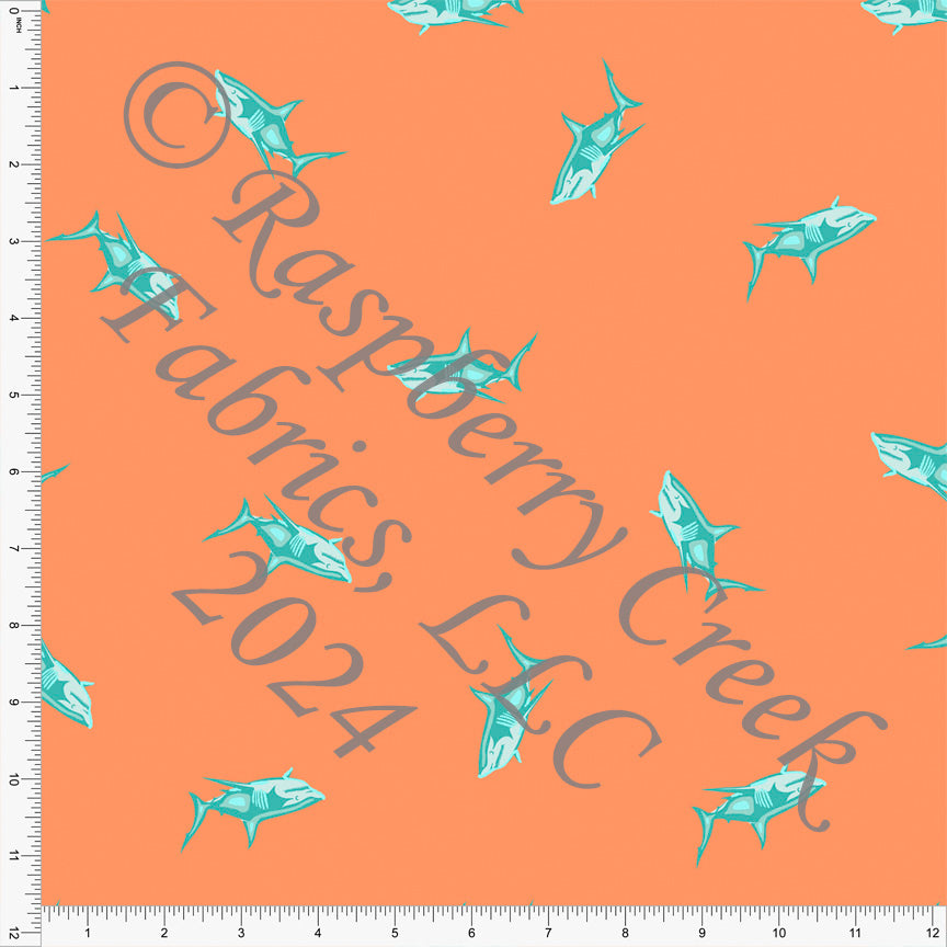 Deep Orange and Tonal Peacock Megalodon Print Fabric, Land and Sea by Bri Powell for Club Fabrics