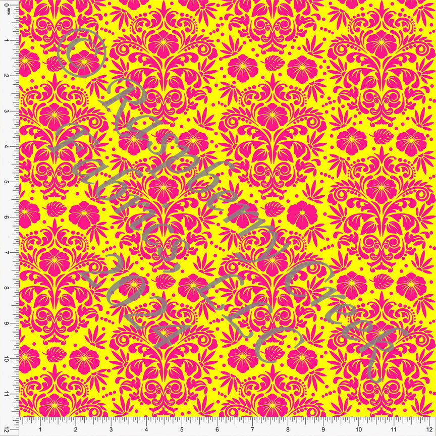 Neon Yellow and Lipstick Pink Floral Damask Print Fabric, Land and Sea by Bri Powell for Club Fabrics