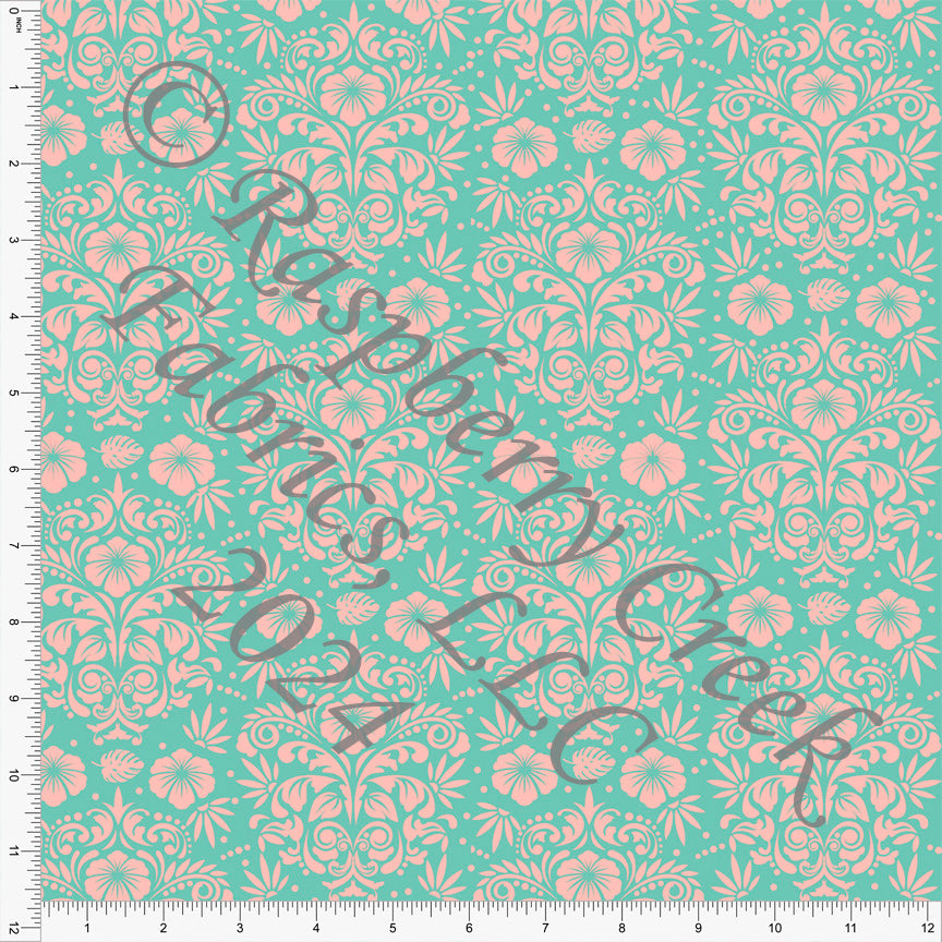 Blossom and Light Peacock Floral Damask Print Fabric, Land and Sea by Bri Powell for Club Fabrics