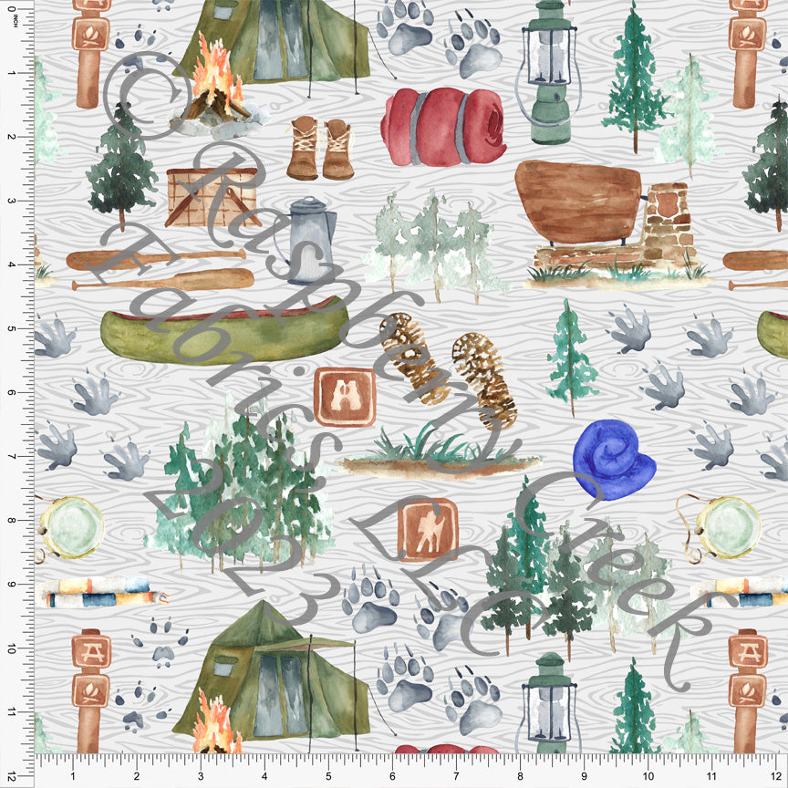 Olive Brown Red Royal Blue and Grey Camping Gear Woodgrain Print Fabric, Let's Go Outdoors By Brittney Laidlaw for CLUB Fabrics