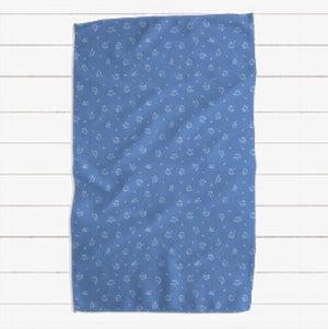 Deep Periwinkle and White Line Drawn Floral and Leaf Towels, Set of Two
